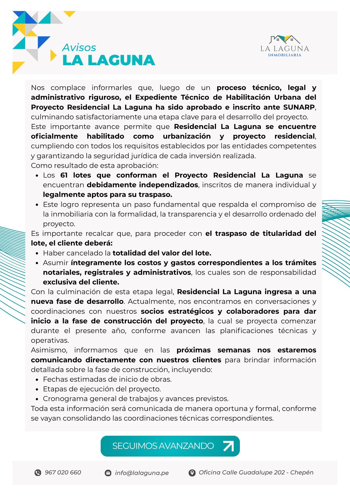 aviso informativo del avance del proyecto residencial la laguna de chepén